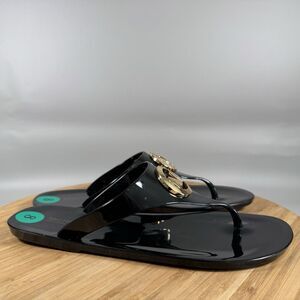 MICHAEL KORS Women’s Sz 8 M Lillie Jelly Thong Sandals Black/Gold MK Logo NEW